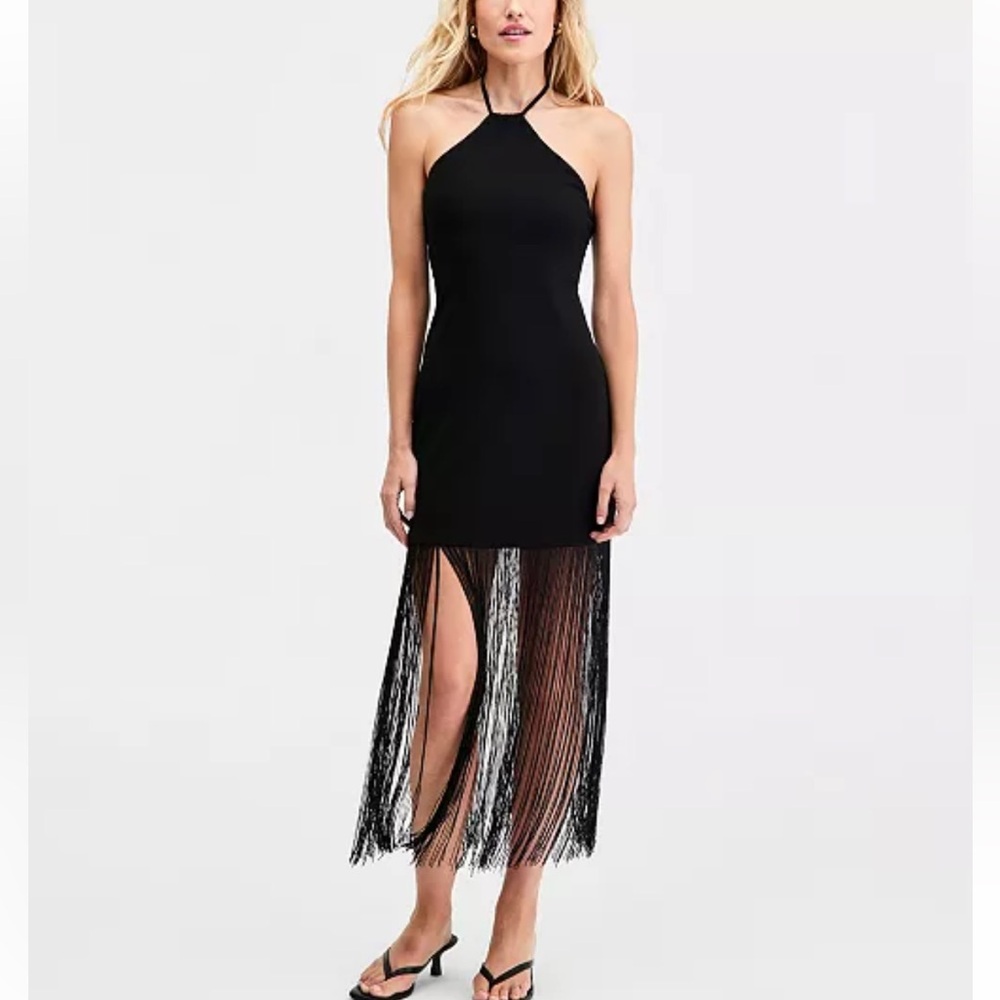 Bar III Black Halter Fringe Midi Dress